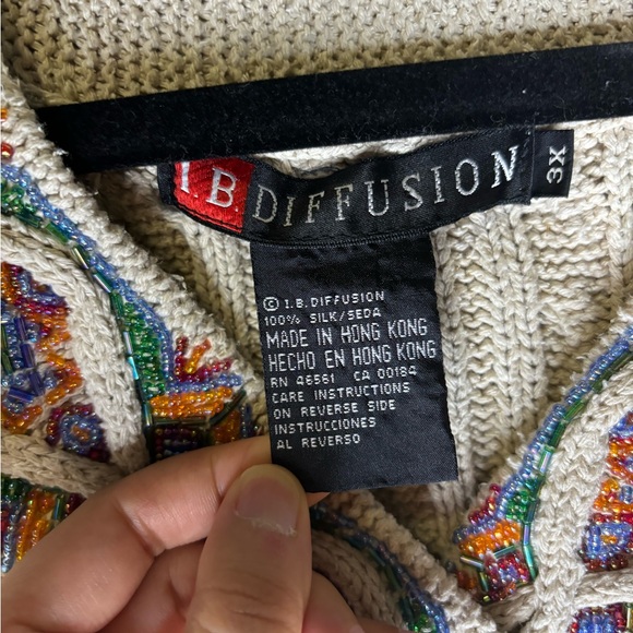 Vintage 90s Cream Multicolored Beaded Silk Knit Sweater Dress - Picture 4 of 5